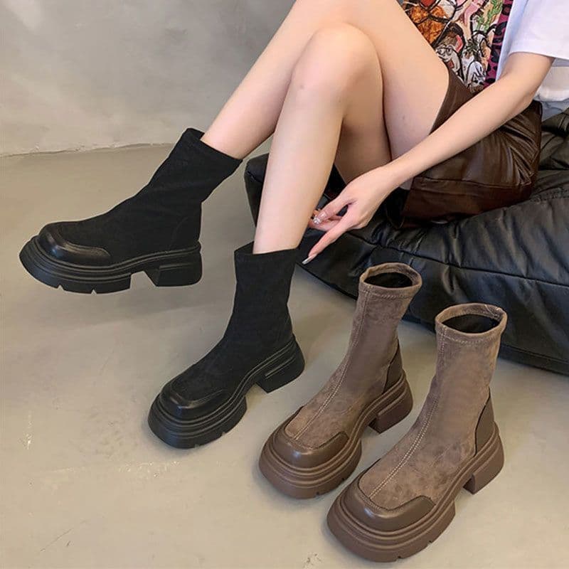 Botas Martin retrô estilo britânico, botas Chelsea, botas finas elásticas, botas curtas de sola grossa, botas femininas