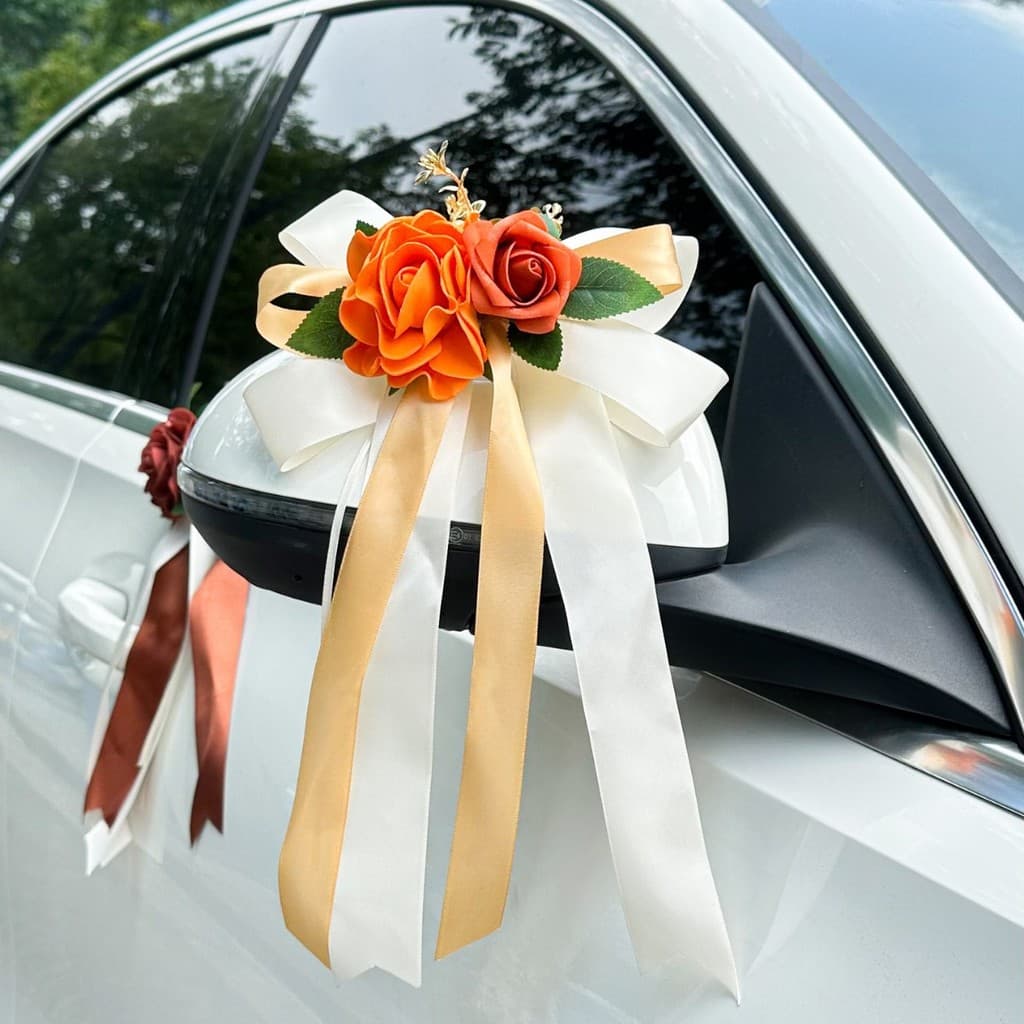 Decoração artificial para espelho retrovisor de carro de casamento, decoração de laço para maçaneta de porta, arranjo fl