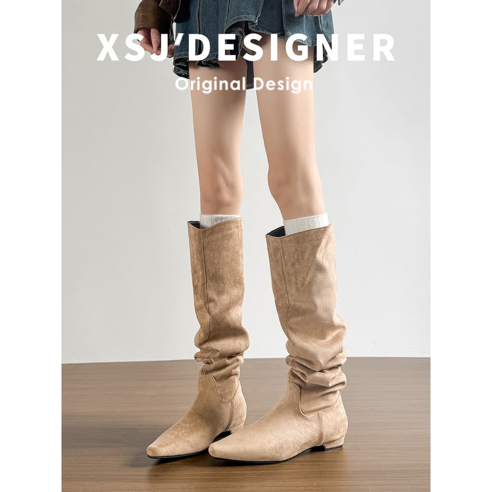Botas femininas de couro genuíno, botas planas acima do joelho, botas de camurça plissadas, cano alto, bota fina