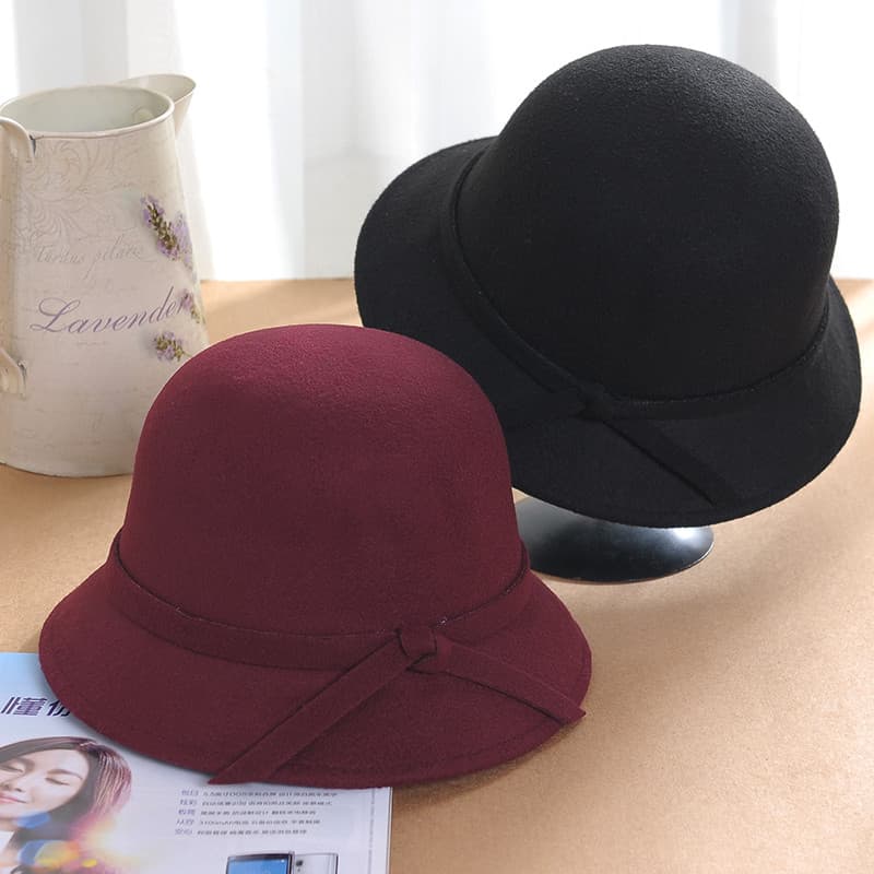 Chapéu feminino outono inverno versão coreana cúpula chapéu superior preto chapéu de lã arco balde chapéu de viagem baci