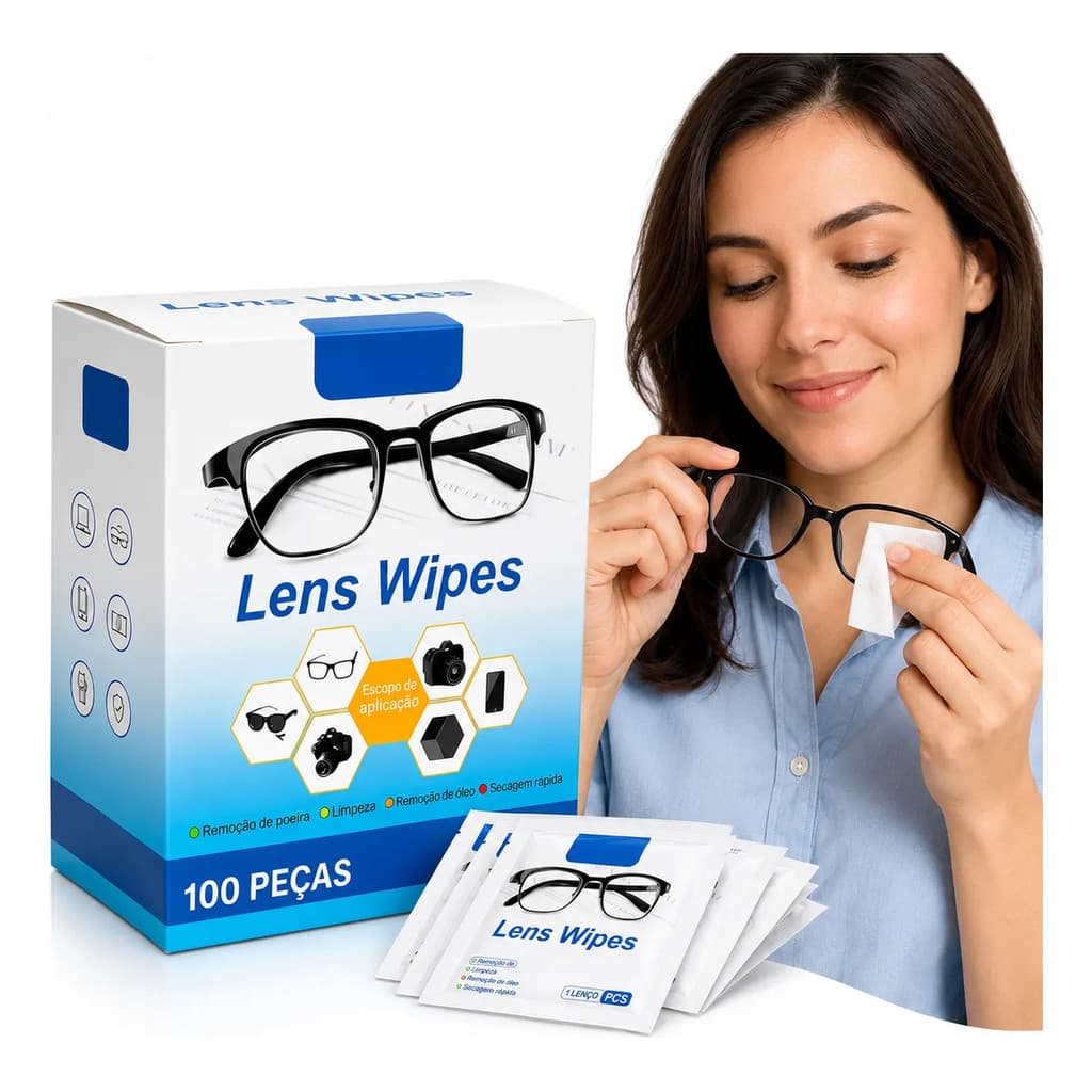 Kit 100  Lenços Umedecidos Caixa Com Limpa Lentes Óculos