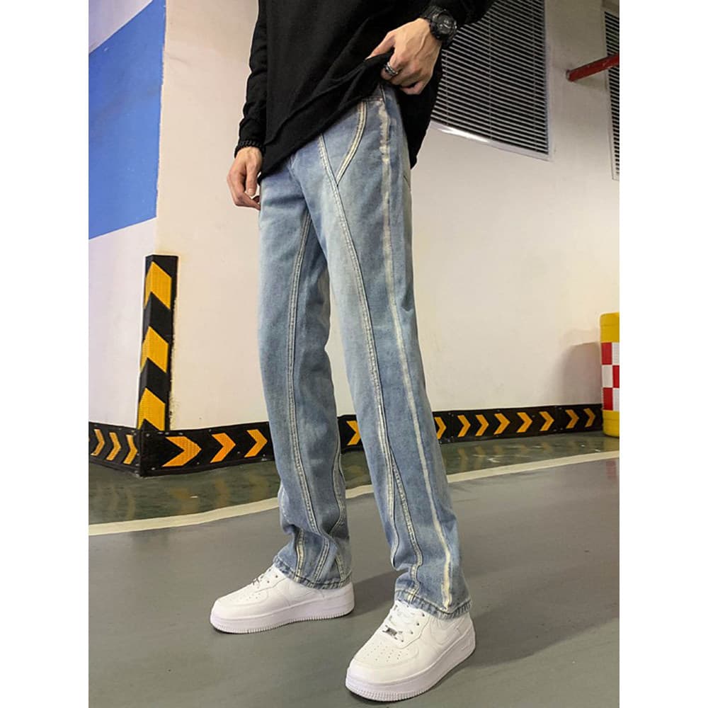 Calças de brim masculinas estilo reto calças soltas High street street costura nicho calças masculinas americano Casual