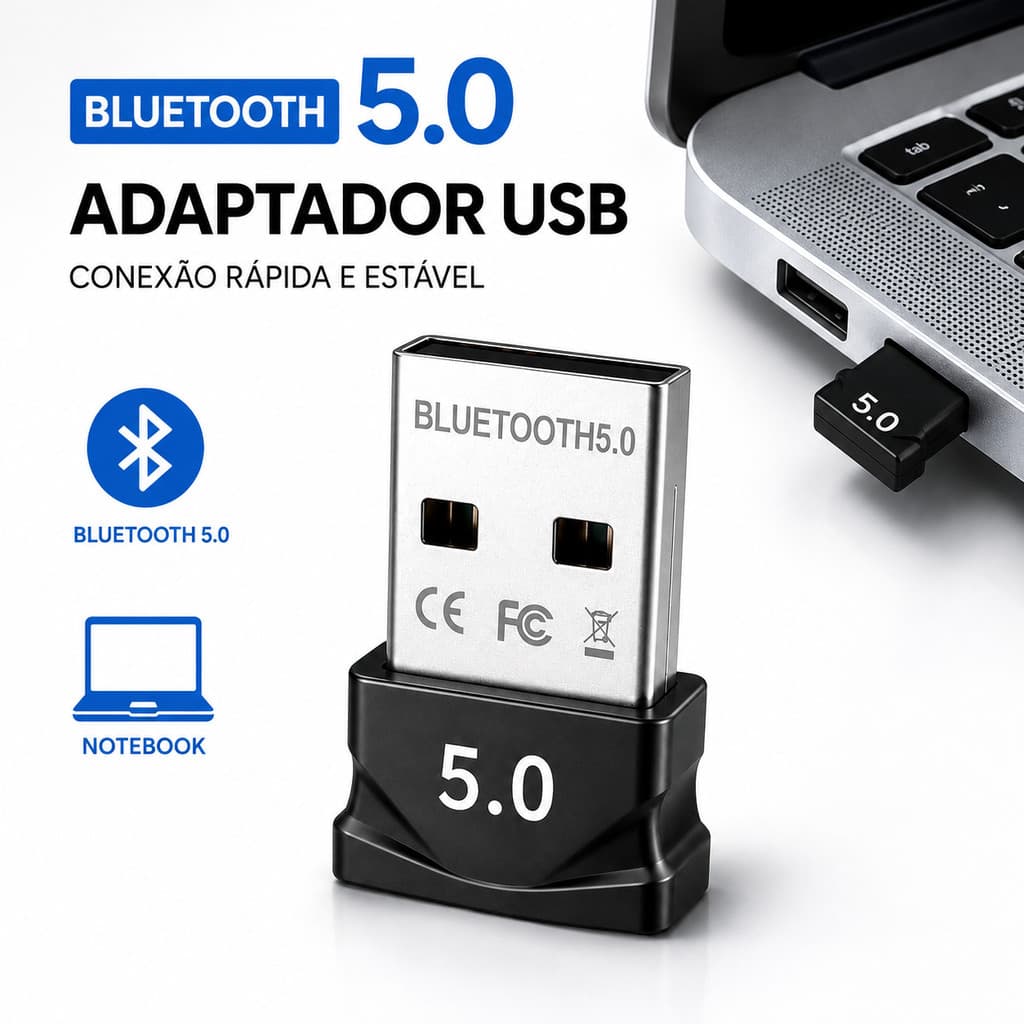 Adaptador Bluetooth 5.0 USB Transmissor Áudio Sem Fio para Notebook Pc e Carros