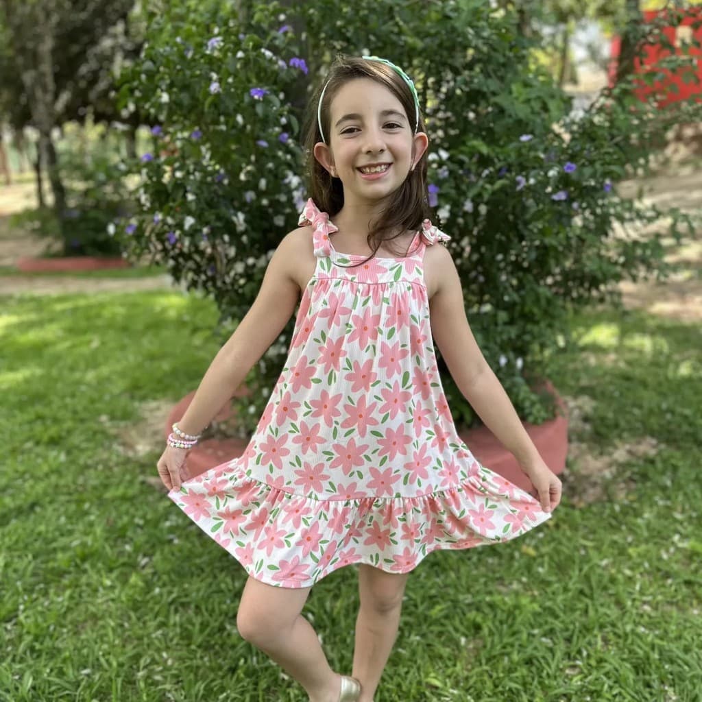 Vestido Laura Infantil | Vestido Floral Menina | Vestido Floral com Laços Infantil | Vestido Menina em Malha Canelada