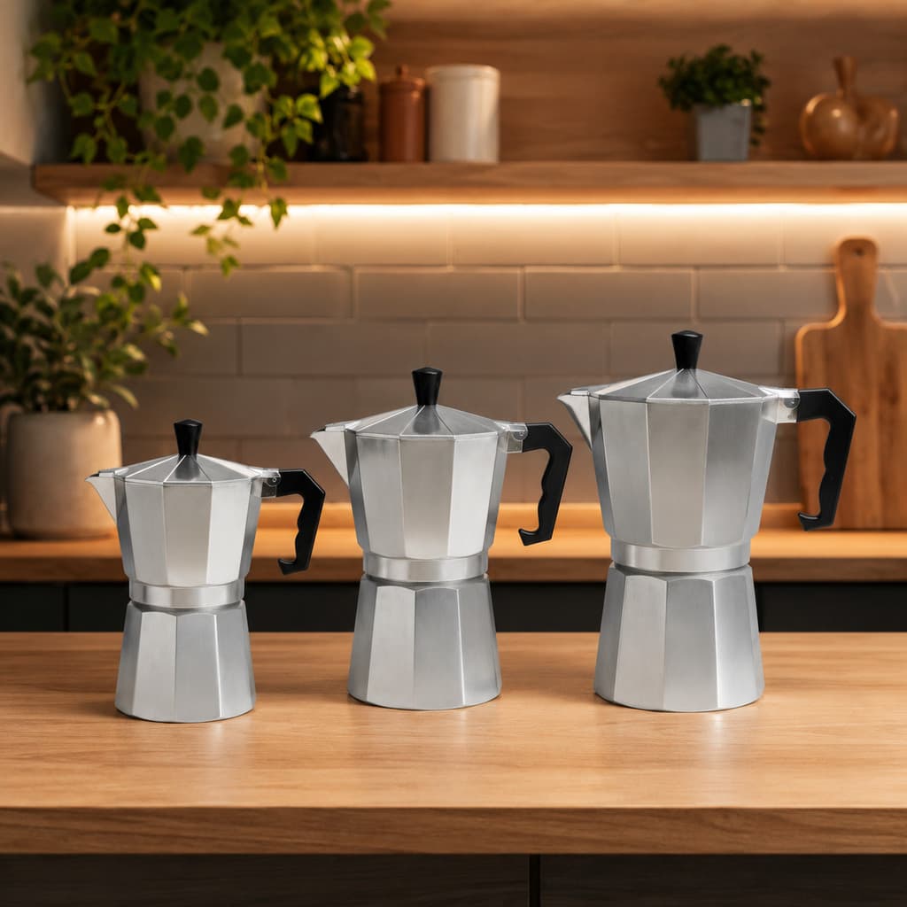 Cafeteira Moka Italiana de Alumínio para Café Expresso  Cabo Preto Fogão Cozinha