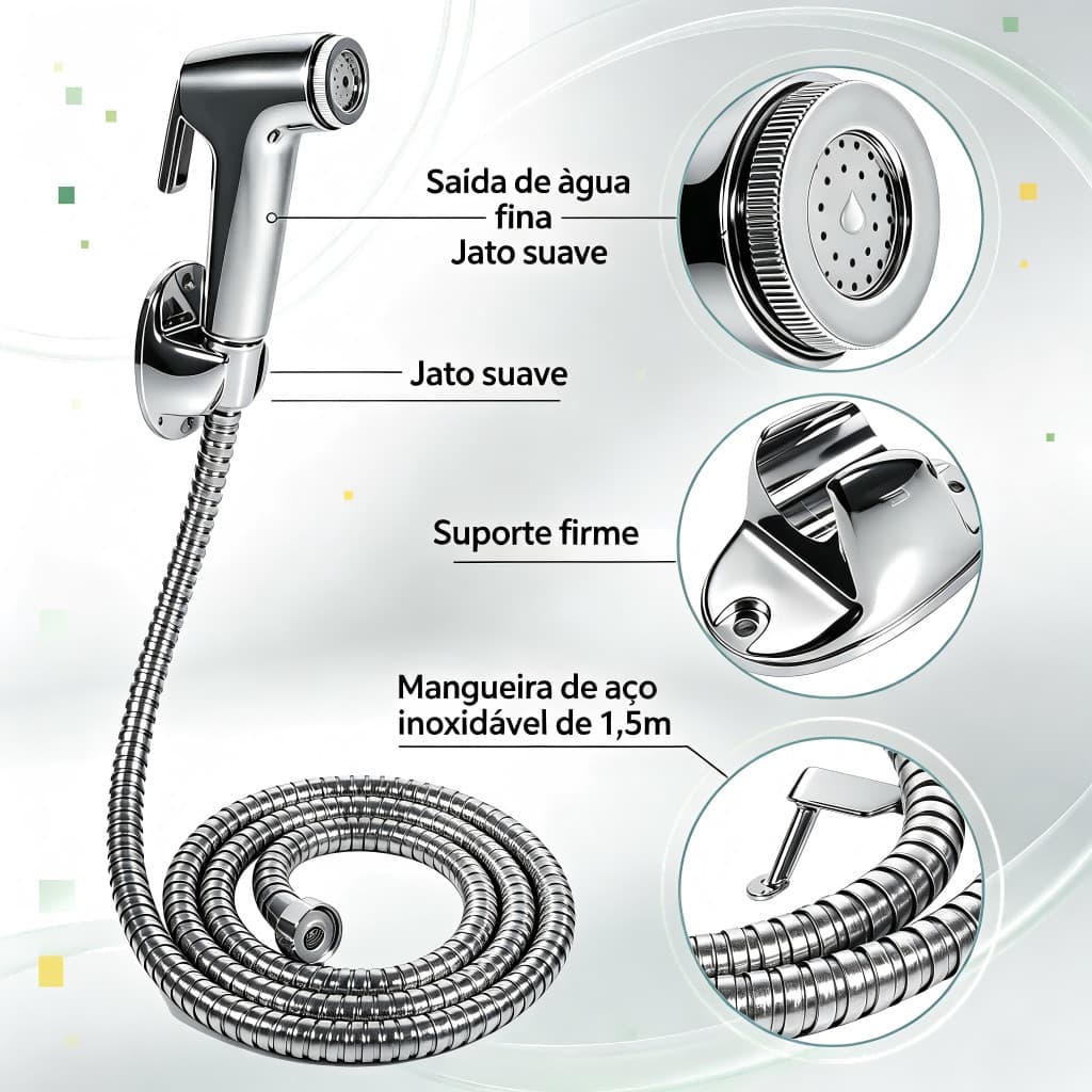 Kit Ducha Higiênica Aço Inoxidável Cromado Esguicho Pistola com Mangueira de Aço 1,5m e Suporte Banheiro