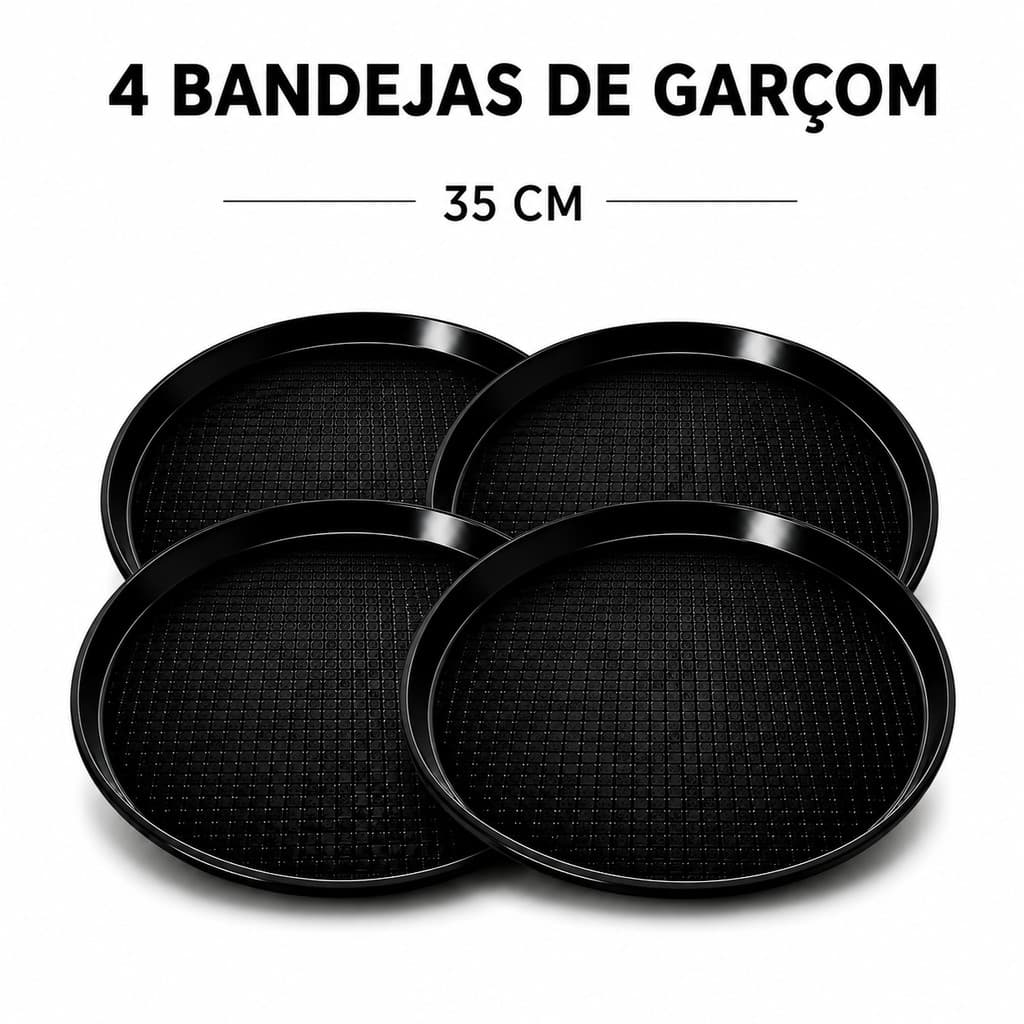 Kit 4 Bandejas Garçom 35cm Redondas Pretas Profissionais para Servir Restaurante Bar Buffet Festa Eventos Cozinha e Mesa