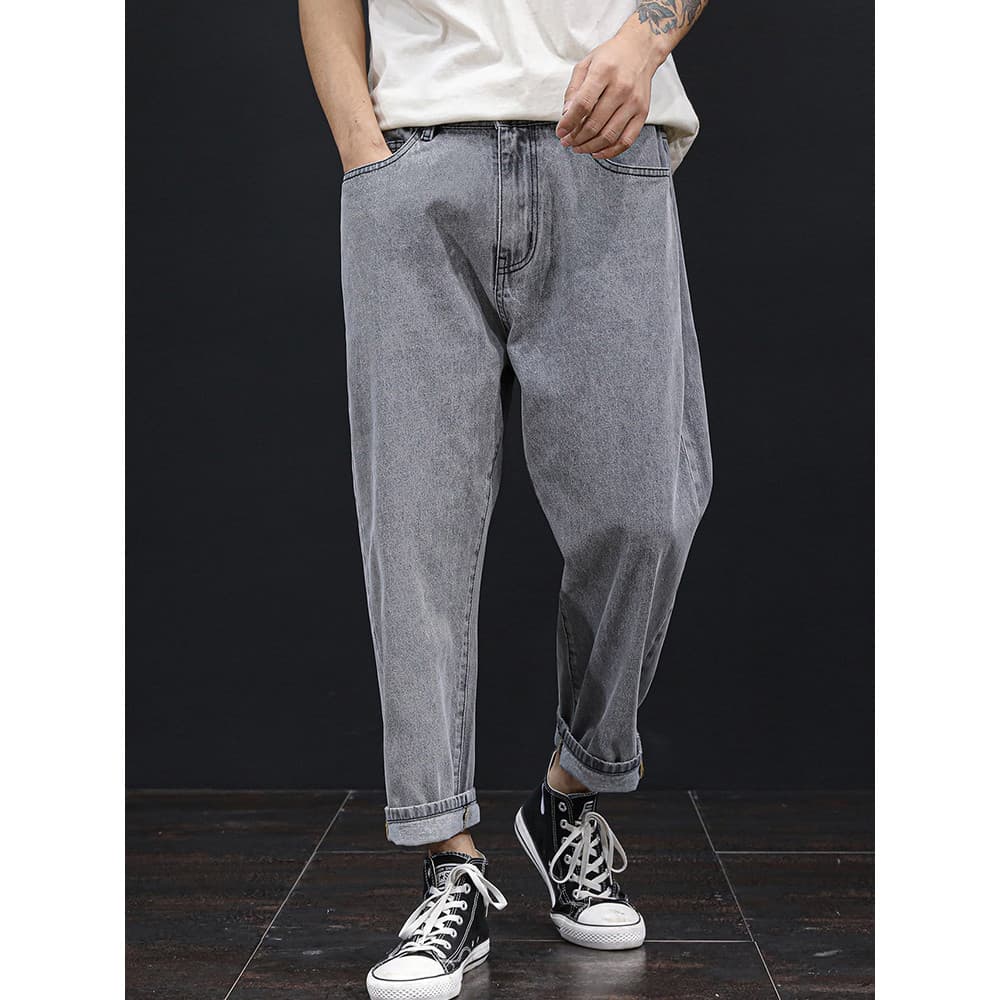 Primavera outono estilo tamanho grande Denim tornozelo comprimento calças masculinas soltas em linha reta calças de pern