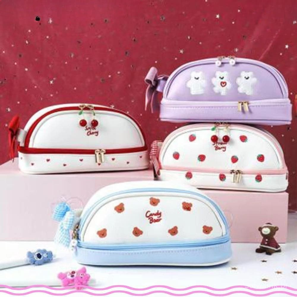 Lápis MAYSHOWLN , Bolsa De Fofa De Urso Cereja Sorridente Caneta De Camada Dupla De Papelaria De Couro PU