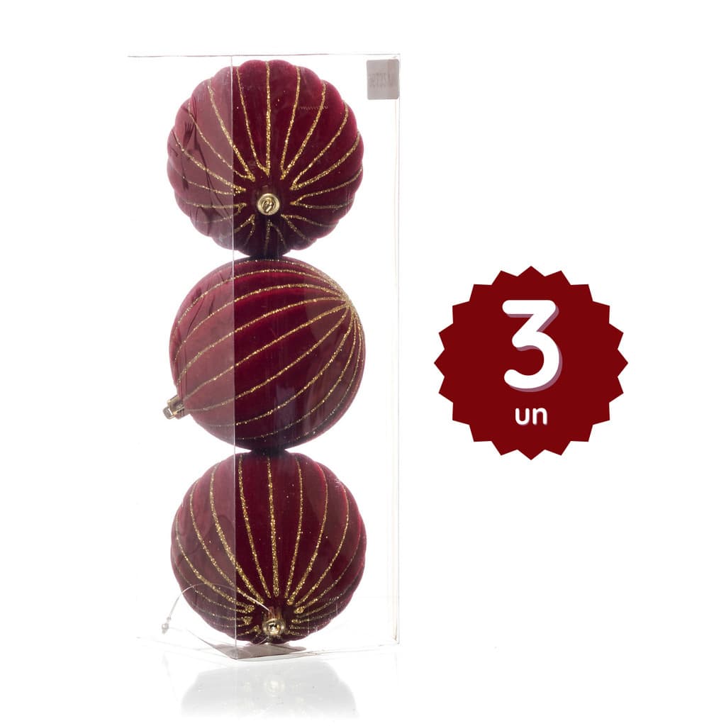 Kit 3 Bolas Natal Vermelhas Linhas Glitter Douradas 10cm Enfeite Árvore Aveludado Decoração Pendurar