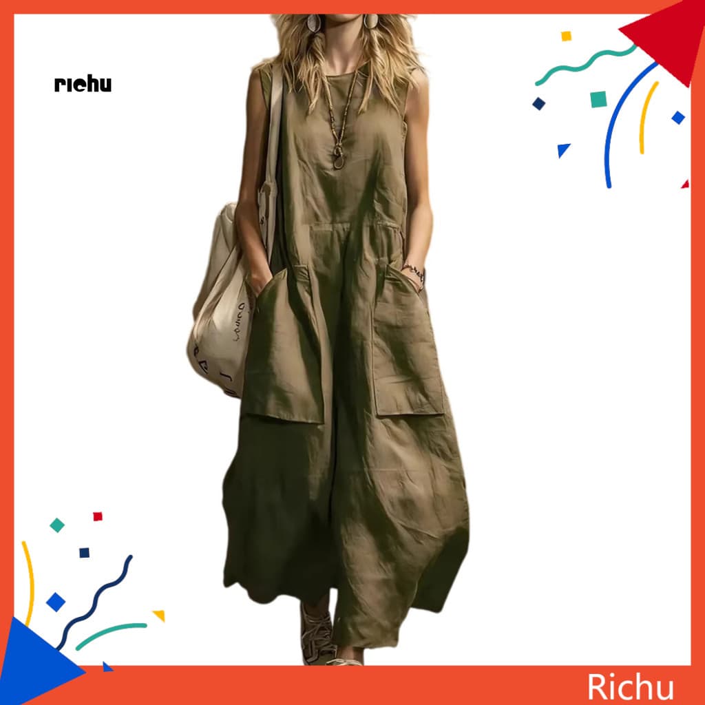 Comfortable Cotton Dress Linen Blend Women’s Summer – Loose Fit Soft Fabric Retro Style Solid Color for Beach Partie