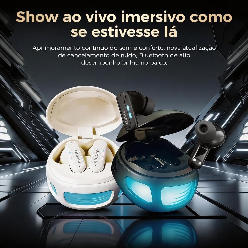 Eletromex Fone Bluetooth com estojo LED estilo gamer｜Design futurista tipo robô｜Som potente + até 7h de bateria