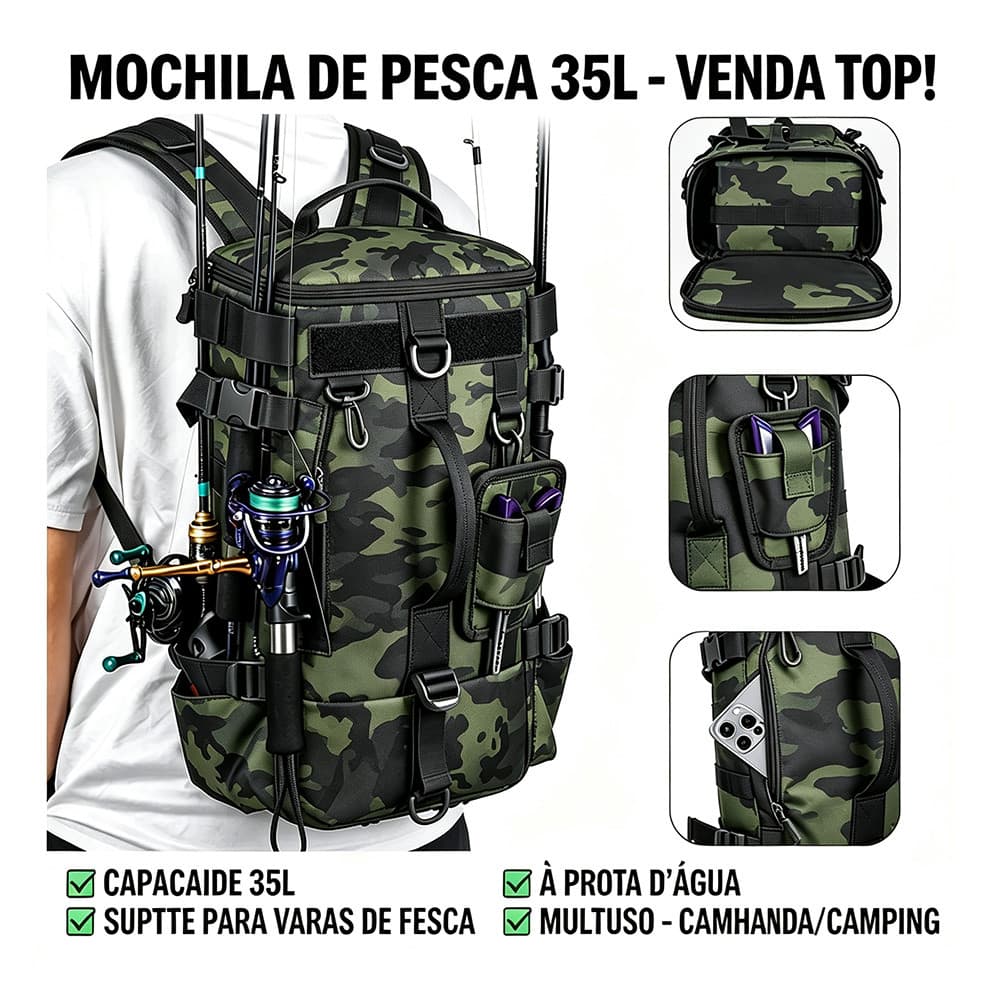 Mochila De Pesca Multifuncional 35L Impermeável Bolsa Tática Grande Capacidade Suporte Para Vara Camping Viagem