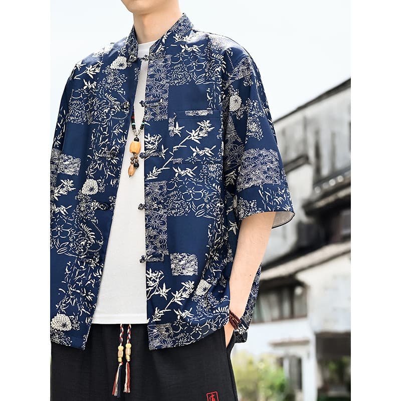 Estilo chinês elegante impresso Tang terno Hanfu camisa de manga curta solta camisa Casual manga de cinco pontos All-Mat