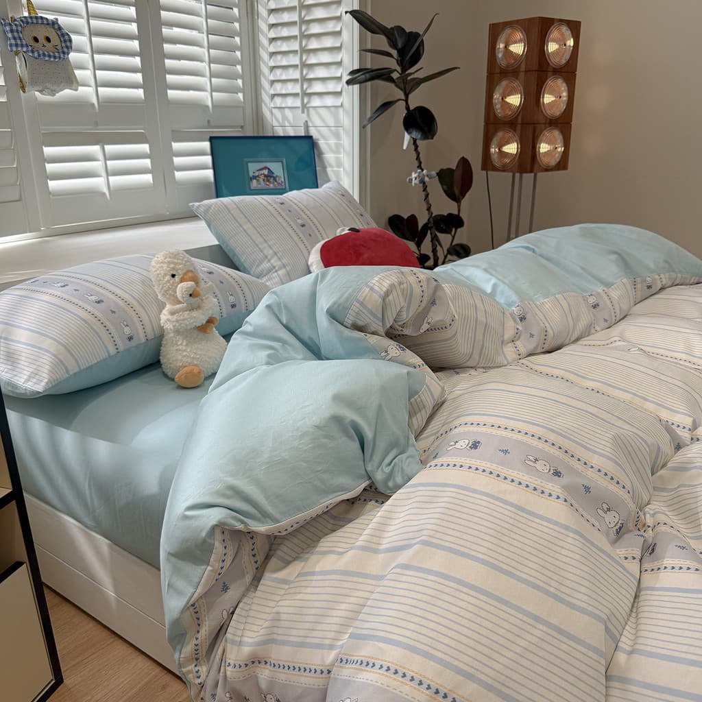Ins estilo fresco dos desenhos animados bonito tira azul coelho algodão temporada escolar conjunto de quatro peças dormi