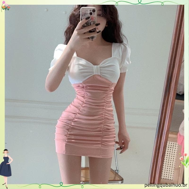 Bolha verão mais magro olhar quente menina doce magro-ajuste colarinho parece temperamento costura contraste cor plissad