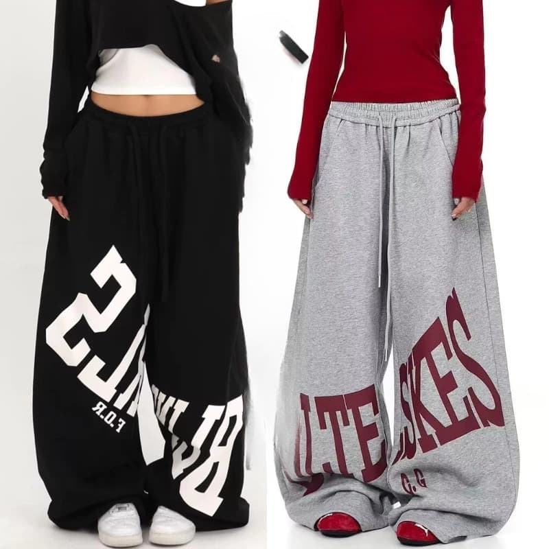 Americano High Street grande carta impressa cintura elástica Sweatpants masculino feminino solto Casual Jazz dança All-M