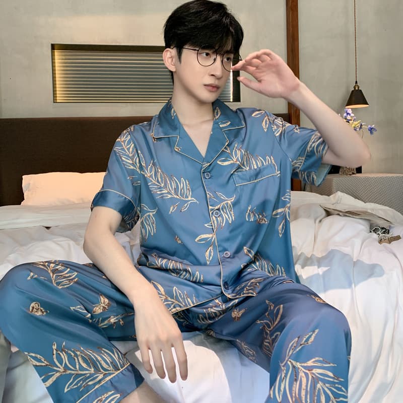 [Novo produto] Pijamas primavera outono masculino seda gelo Homewear terno ano verão manga curta High-End masculino