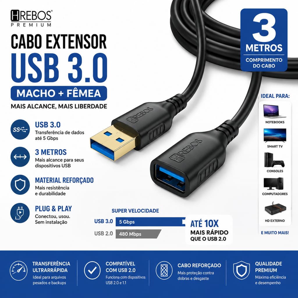 Cabo Extensor UBS 3.0 - 3 Metros - 5 Gbps - Extensão Macho e Fêmea Webcam Mouse