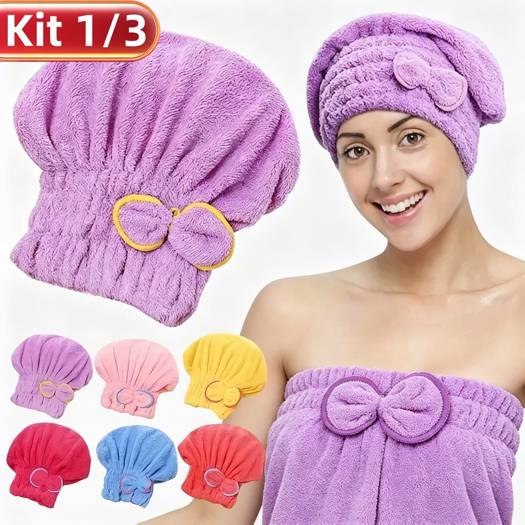 Kit 1/3 Touca Mágica Seca-Cabelos | Touca de Banho Super Absorvente | Toalha de Microfibra