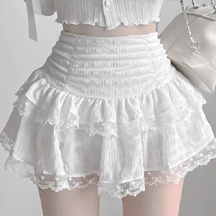 Saia de bolo de renda branca estilo balé saia inchada feminina verão saia evasê pequena saia de princesa feminina