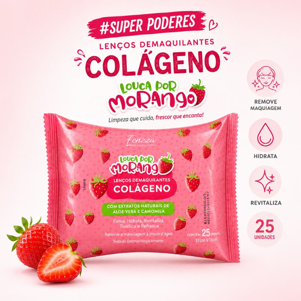 Lenços Demaquilantes Colágeno Louca por Morango Fenzza Aloe Vera e Camomila 1 Unidade
