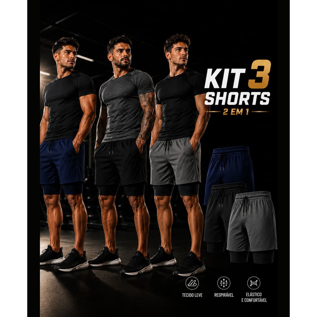 Kit 3 Short's 2 em 1 Short Academia Masculino Esporte Bermuda Treino Masculina
