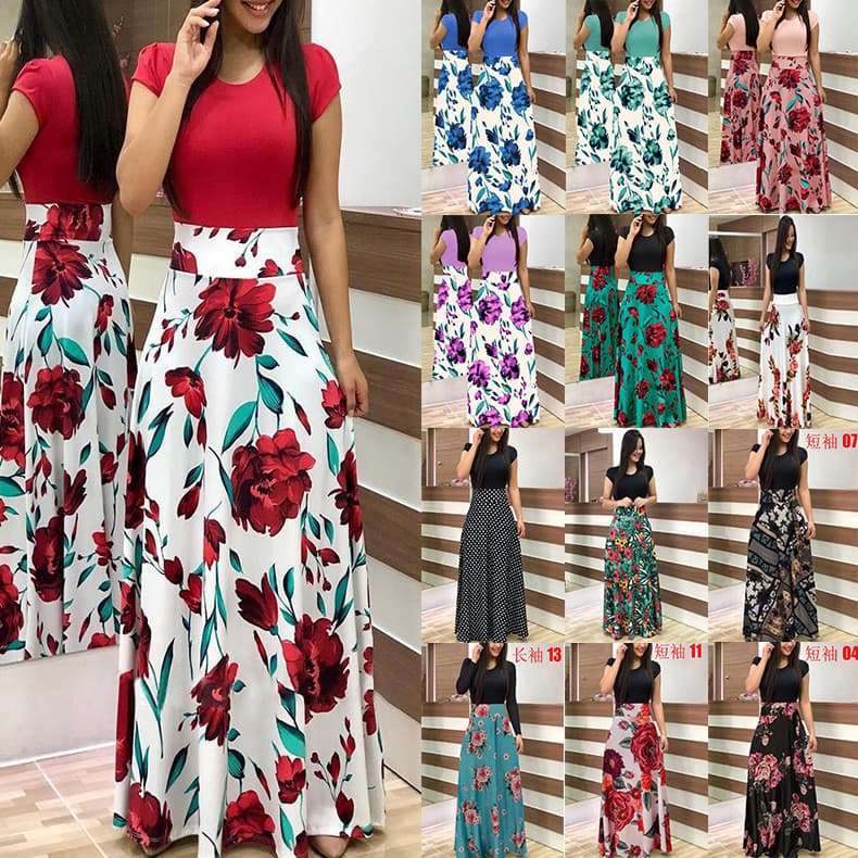 Cross-Border 2026 estilo flor impressão cor combinando manga comprida vestido de manga curta saia longa roupas femininas