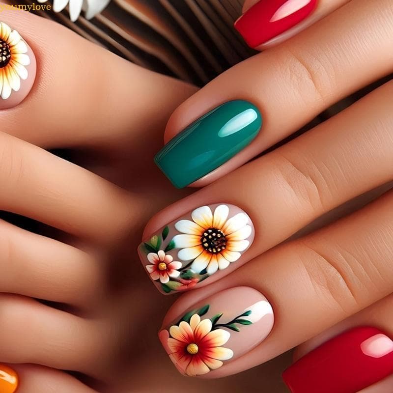 youmylove 24 Unidades Prensa Unhas Falsas Girassol Artificiais Quadradas Médias
