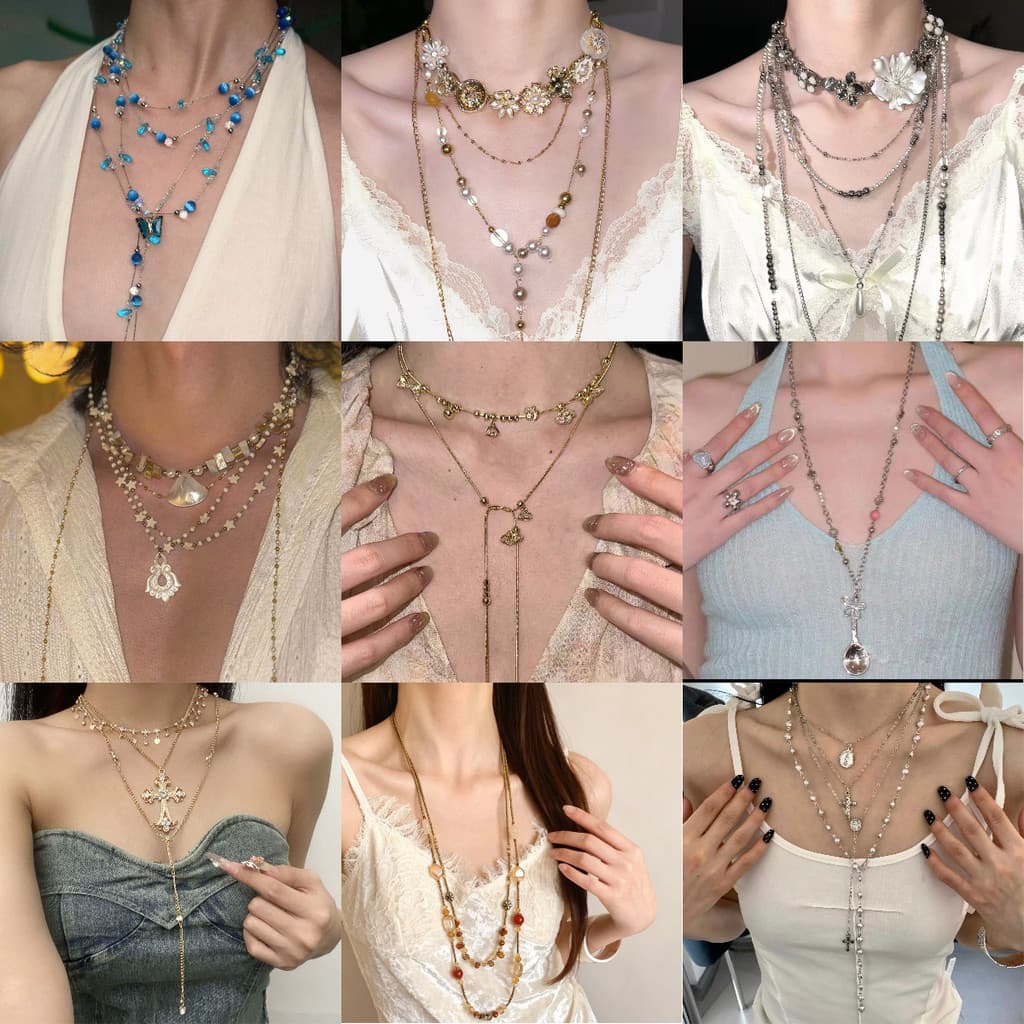 Colar feminino com borboleta azul e pingente de contas, elegante e sofisticado, para usar em camadas na clavícula.