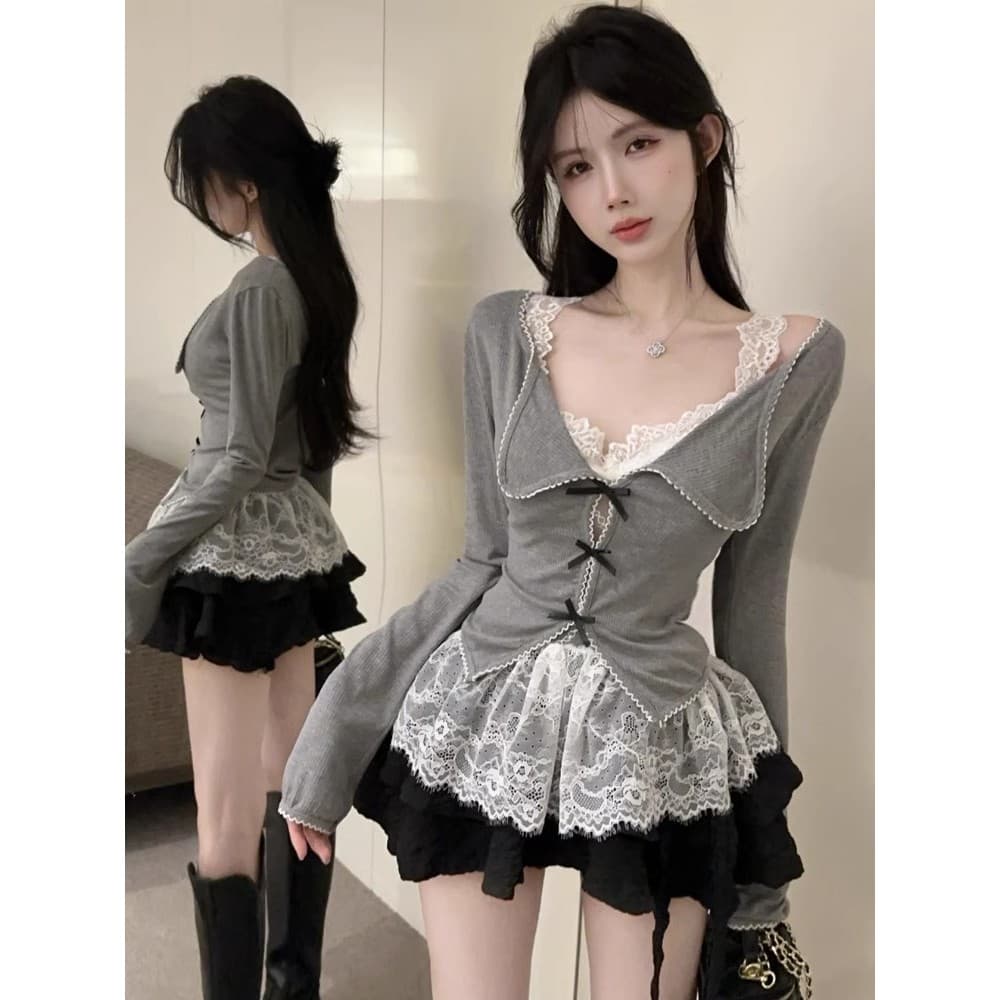 Puro desejo cinza Design Bowknot oco renda camisa feminina inverno manga comprida Cardigan topo camisola terno feminino