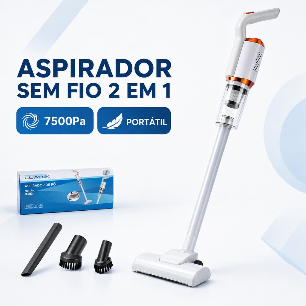 Aspirador de Pó Vertical Sem Fio 2 em 1 Recarregável 7500Pa Portátil com Acessórios Casa e Carro