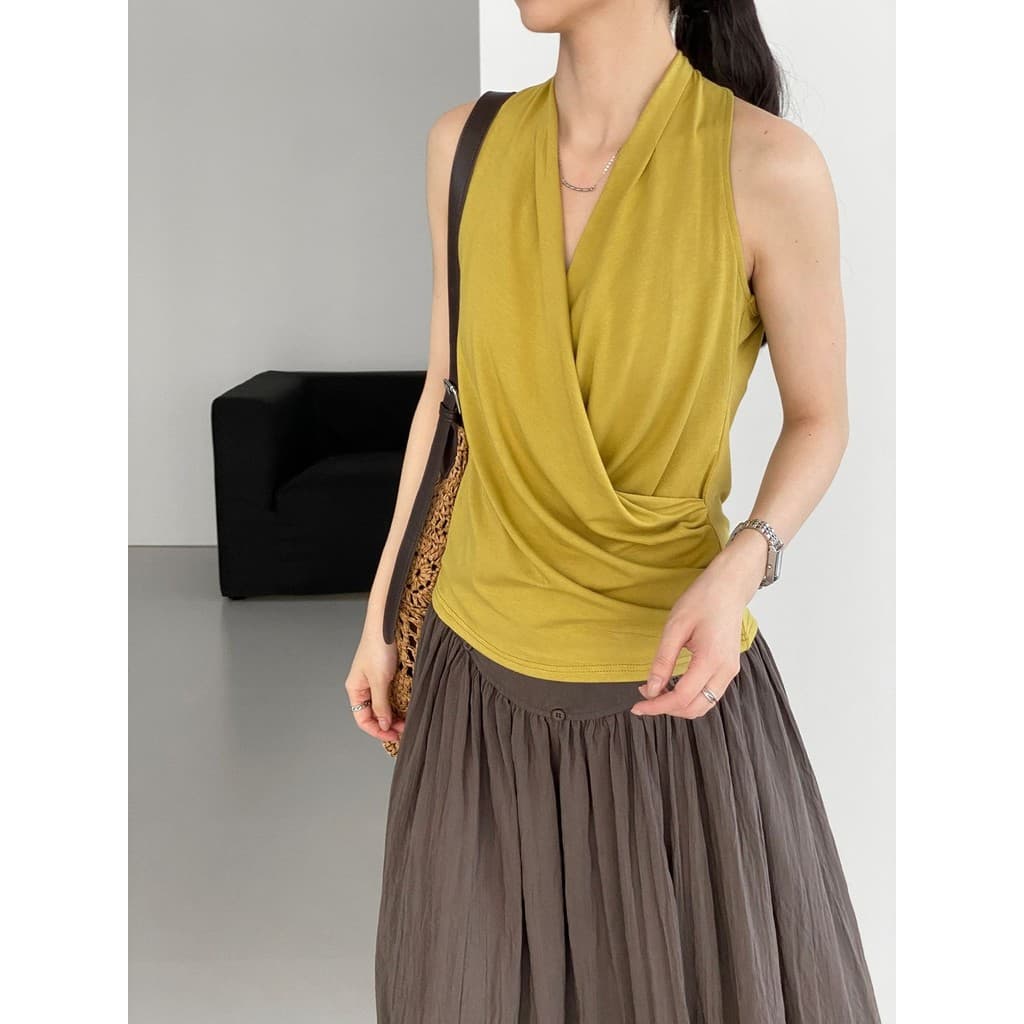 Requintado pode usar colete externo gengibre amarelo Irregular cintura cruzada pequena camisa feminina estilo arte franc