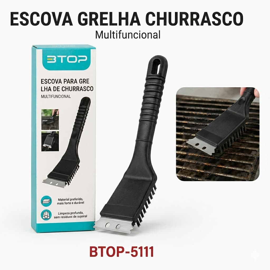 Escova Limpa Grelha Churrasqueira com Raspador Inox e Cerdas de Aço Reforçadas