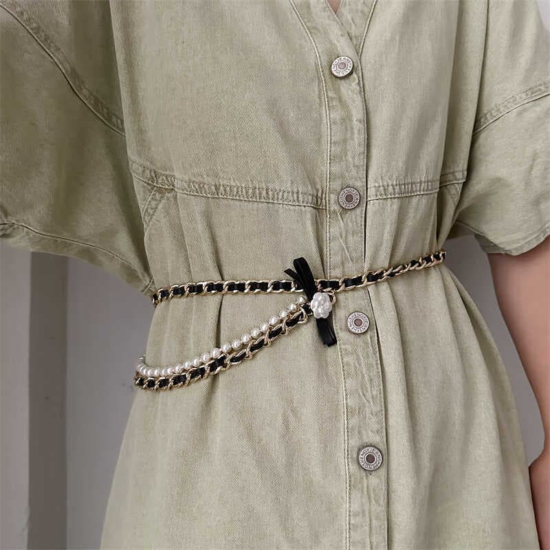 Versão coreana pérola All-Match cintura corrente senhoras Denim vestido cinto decoração casaco camisa feminina cintura e