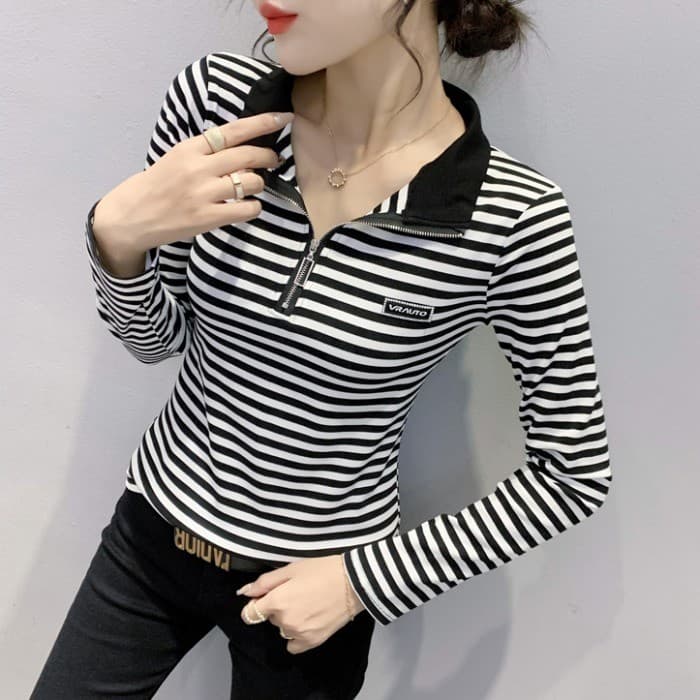 Preto branco listrado camiseta feminina de manga comprida 2024 outono novo estilo moda zíper camisa de fundo All-Match m