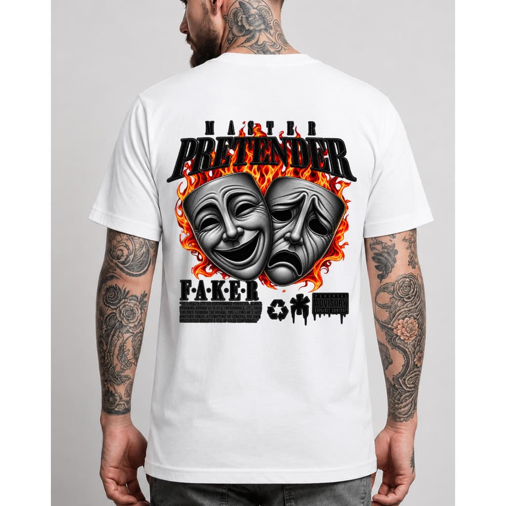Camiseta Masculina Master Pretender 100% Algodão – Estampa Máscaras em Chamas, Streetwear Moderna e Confortável