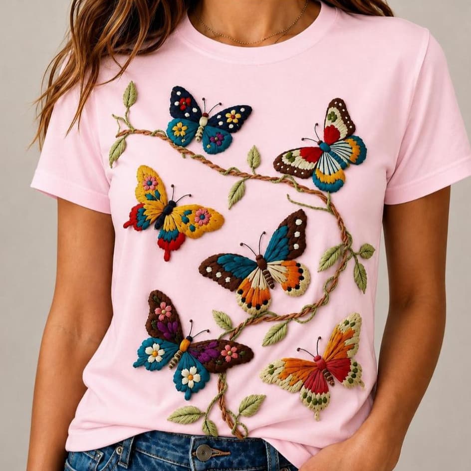 Camiseta Feminina ESTAMPA DTF Borboletas Florais 100% Algodão Premium 30.1