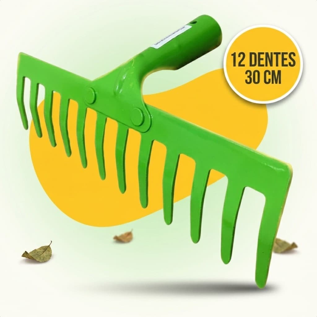 Rastelo Ancinho de Ferro 12 Dentes 30cm Sem Cabo Encaixe 23mm Jardim Jardinagem Grama e Folhas Secas