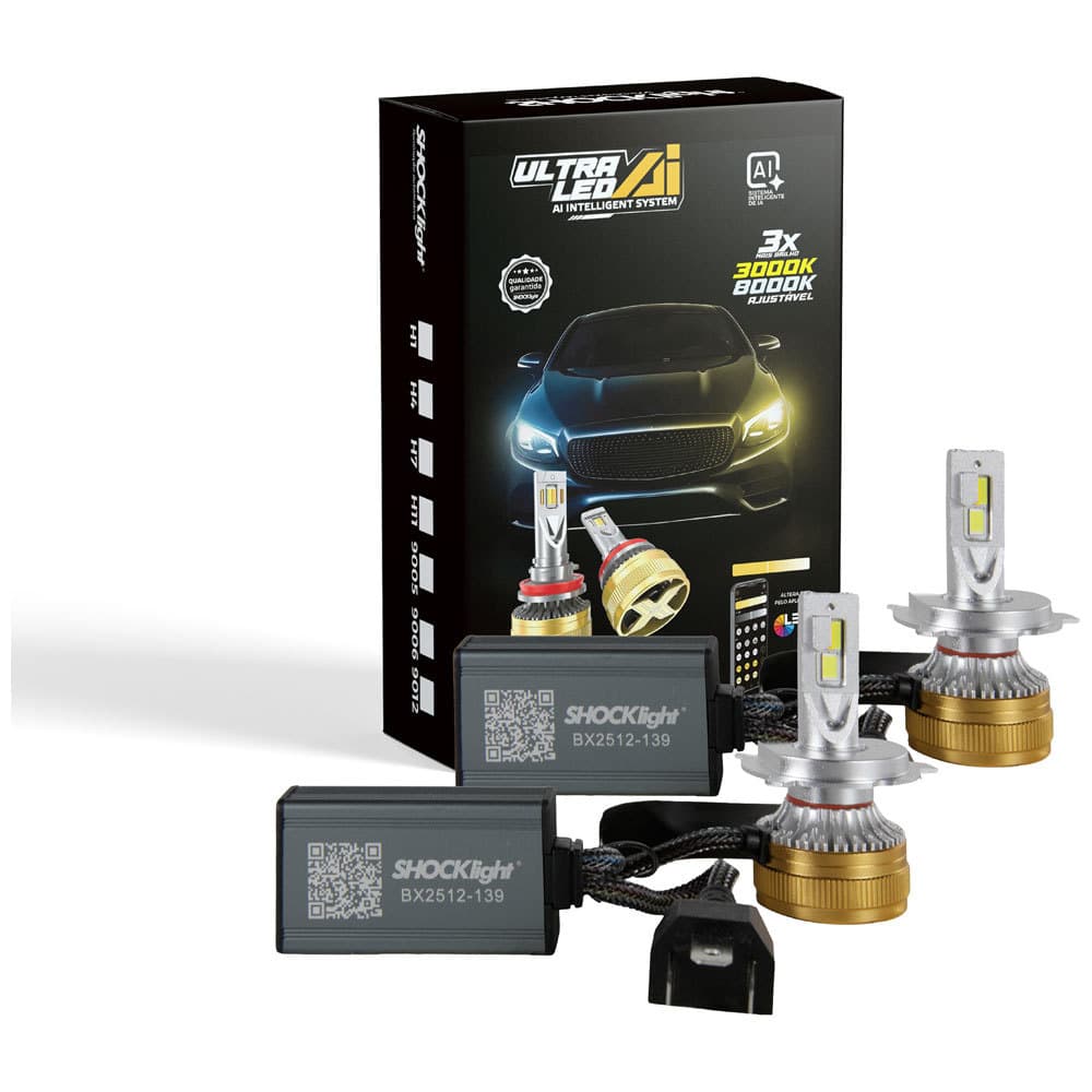 Kit par lâmpada ultra led AI shocklight h4 5000lm 52 a 75w com aplicativo e sistema inteligente