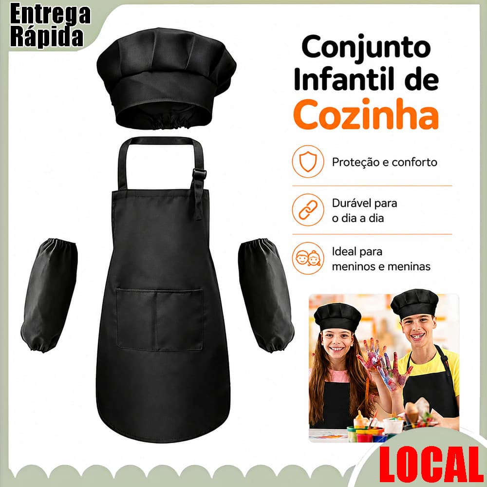 Conjunto de avental de Chef infantil preto (avental, manga, chapéu) adequado para cozinha, festa