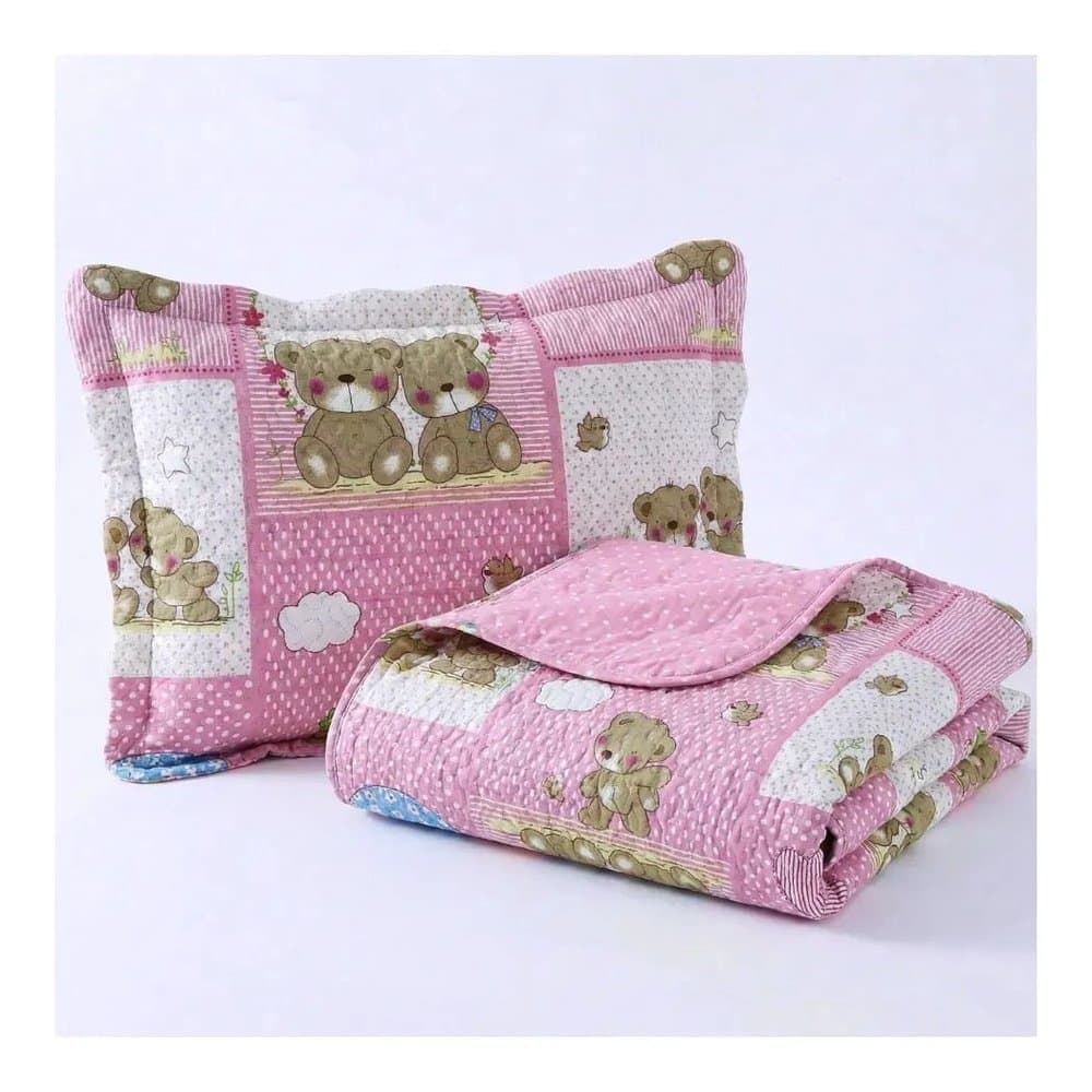 Kit Colcha Patchwork Infantil Menina 180x220 Solteiro - Ursinhos
