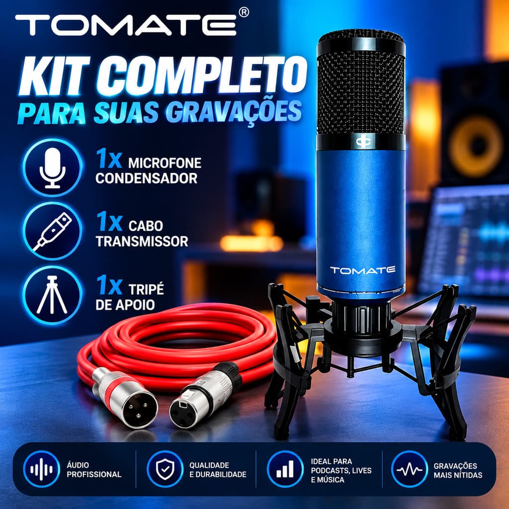 Microfone Condensador 48V Azul com Cabo XLR – lives e streaming; excelente para home office, aulas e narração