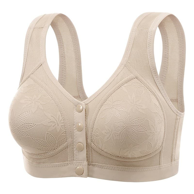 Sutiã sem aro com fecho frontal, roupa íntima respirável, design de suporte lateral, modela o contorno das axilas.