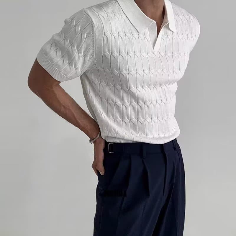Camiseta masculina de manga curta de verão com decote em V em malha