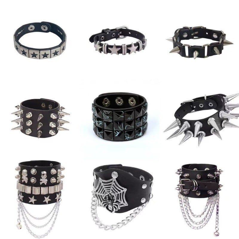 Pulseira De Couro Estilo Punk Para Homens , Estrela , Caveira , Aranha , Rebites , Borla , Pulseiras , Joias De Festa