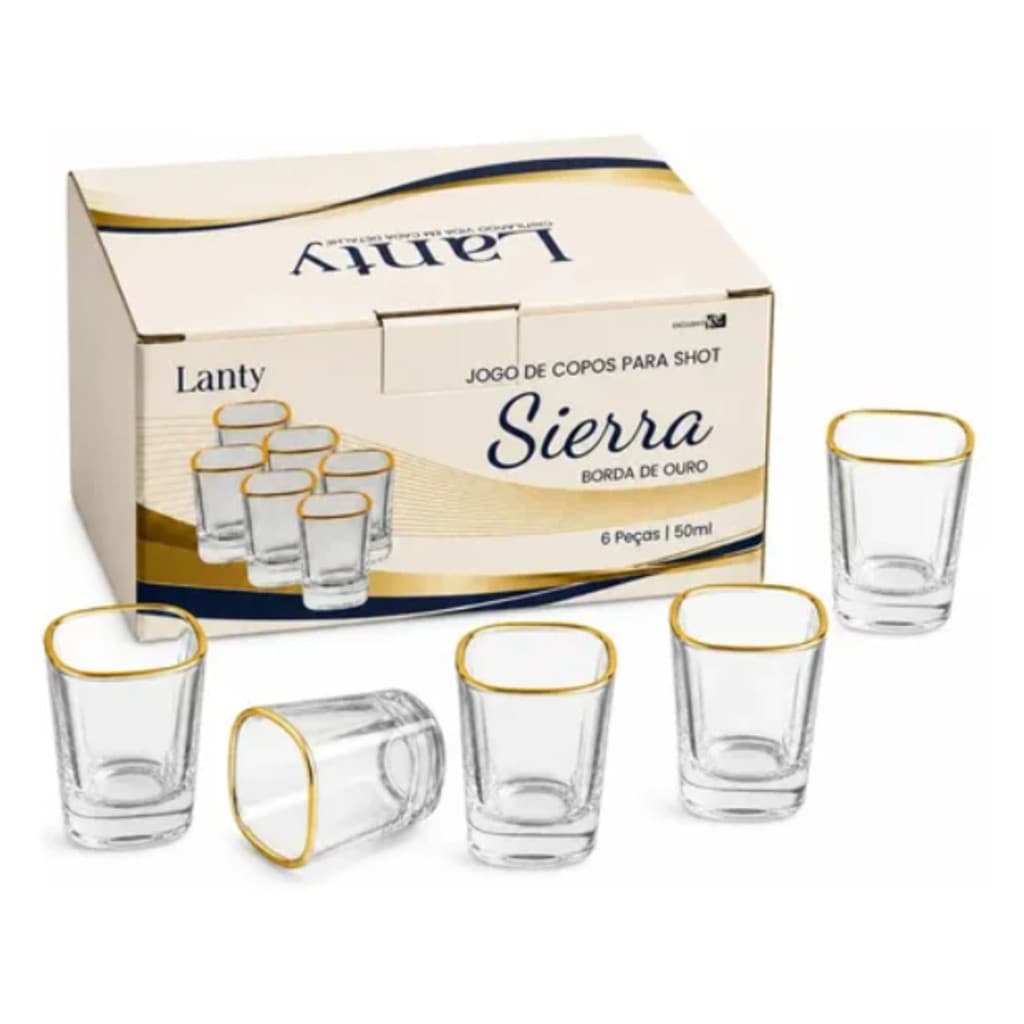 Kit 6 Copos Para Shot Dose 50ml Borda Dourada Jogo de Copos