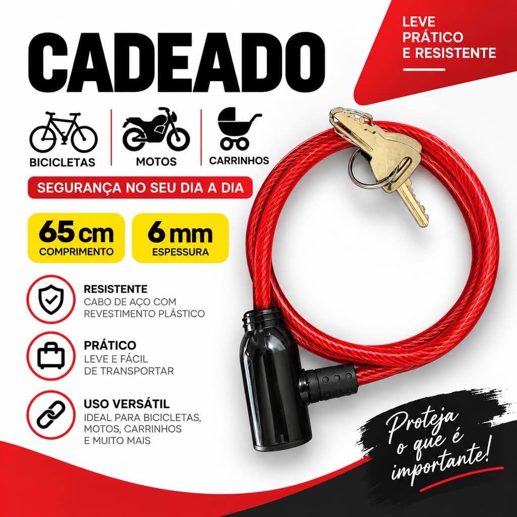 Cadeado antifurto Para Bicicleta, Moto e portão Cabo de Aço Com 2 Chaves Reforçado Trava Segurança Bikes e carrinhos