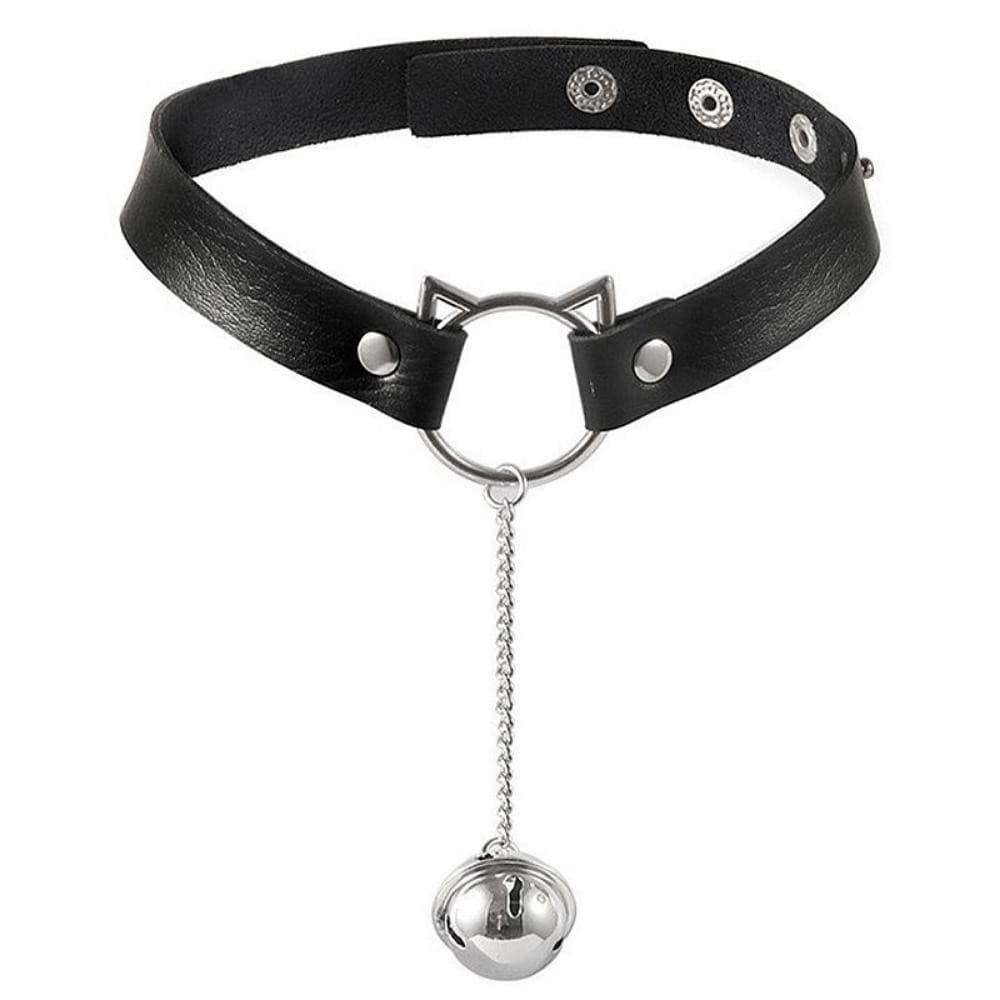 Choker Gatinho em Couro com Guizo Coleira Colar em Couro Emo