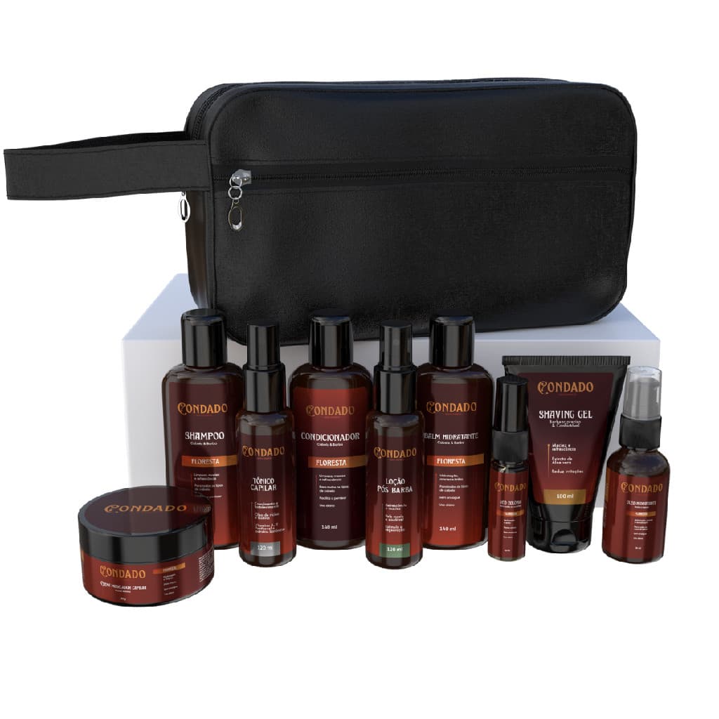 Kit Barba Necessaire Preta Floresta Balm Shampoo Condicionador Hidratante Tônico Pós Barba Óleo